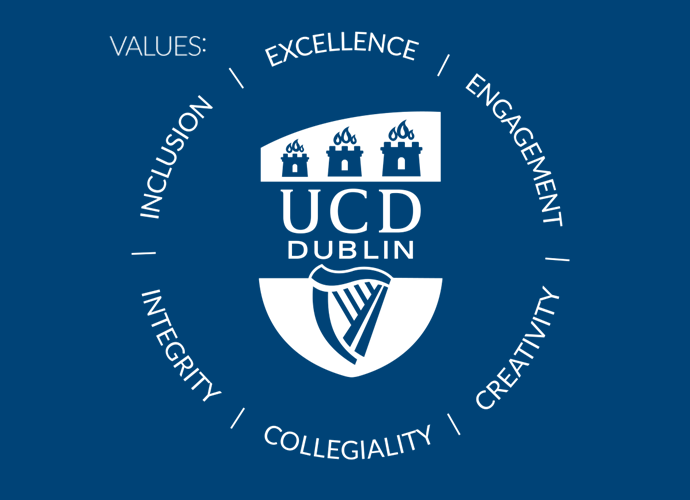 UCD crest with values listed on blue background